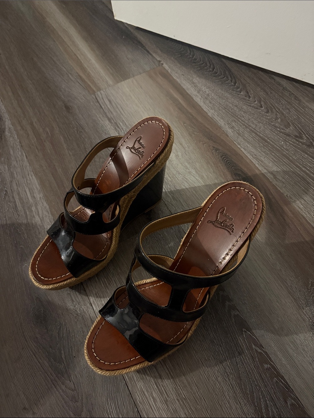 Christian Louboutin Black Patent Leather Raffia Wedge Sandals